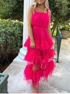 Hot Pink Tiered Tulle Maxi Dress